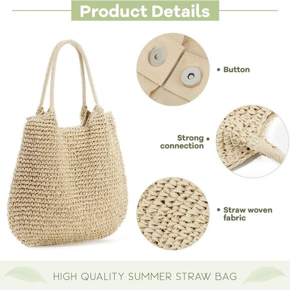 Large Straw Beach Bag for Women Woven Summer Handbag Shoulder Purse - Picture 3 of 7